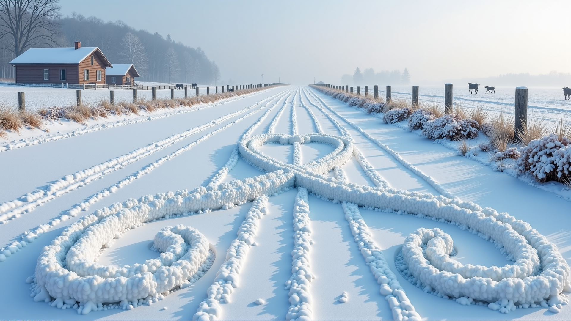 AI generated wallpaper featuring snow, road, house