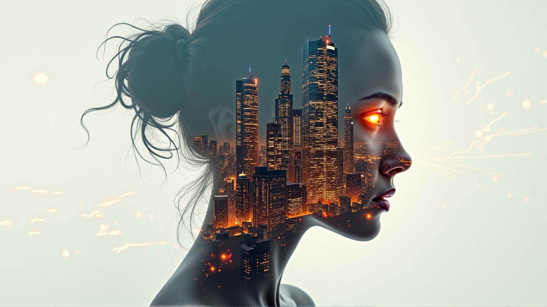 AI generated wallpaper featuring woman, city, skyline, hair, buildings