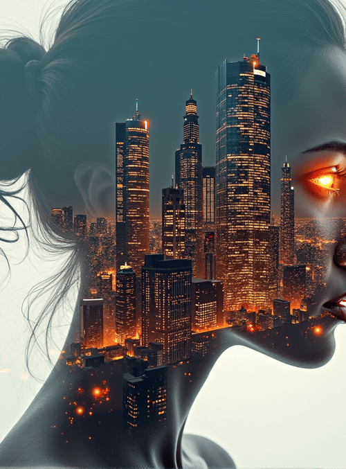 woman, city, skyline, hair, buildings