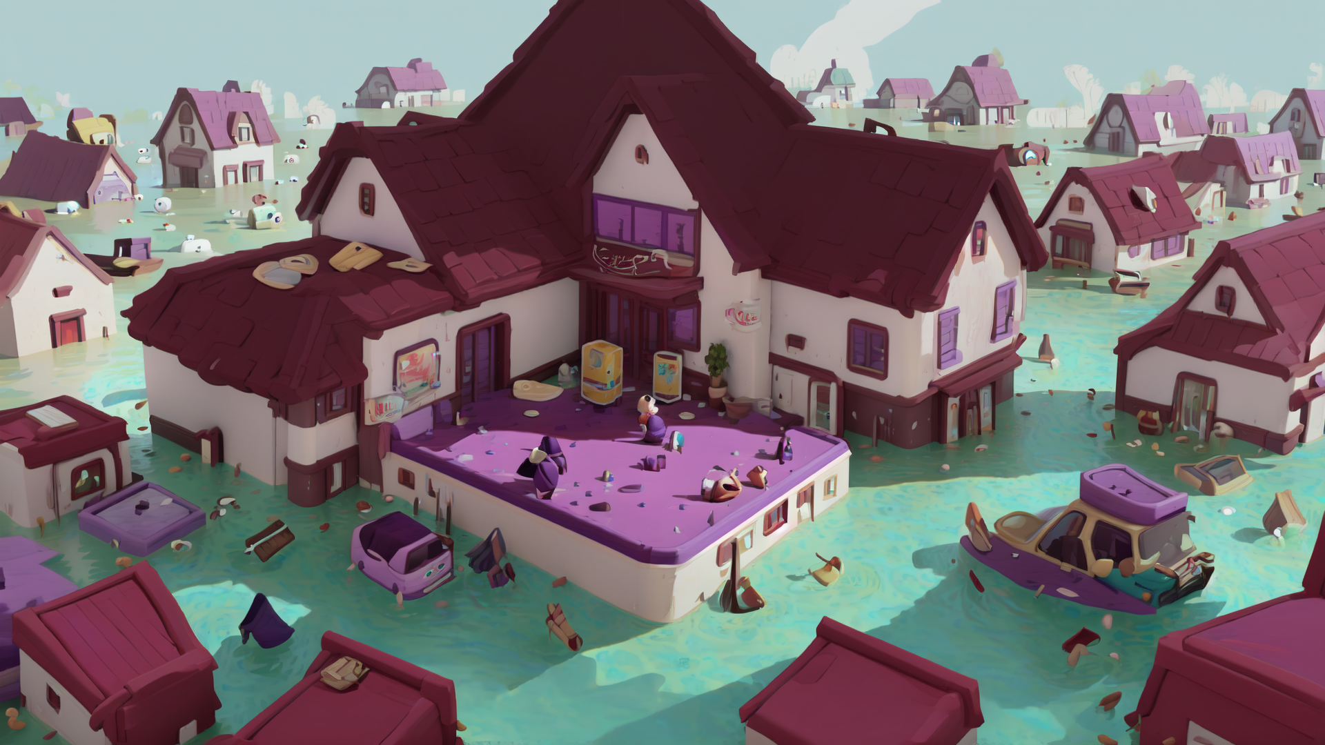 AI generated wallpaper featuring house, flood, car