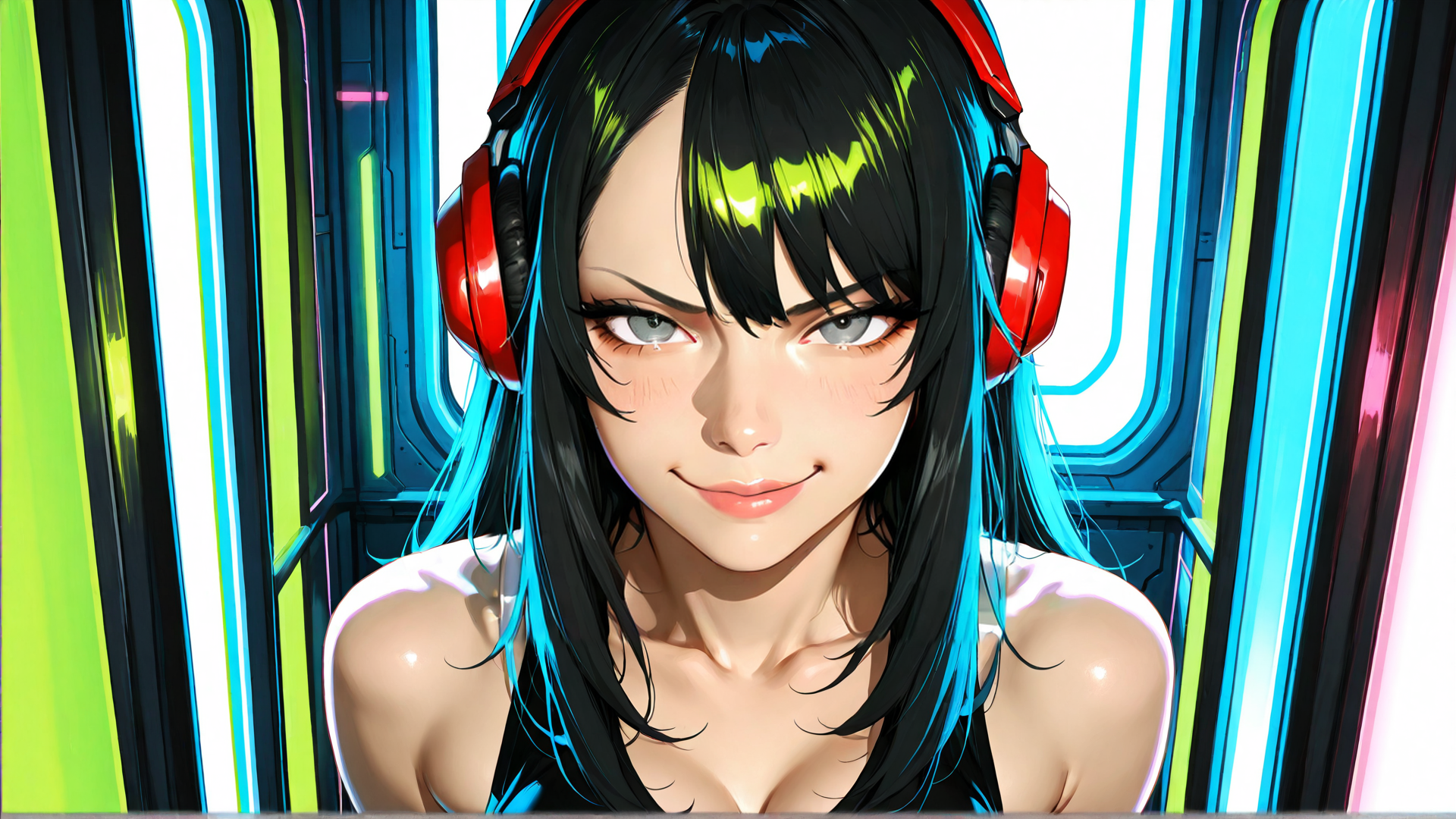 AI generated wallpaper featuring woman, headphones, hair, ears, neck, shoulders, sweat