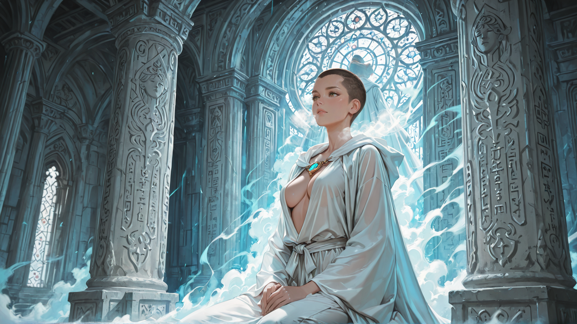 AI generated wallpaper featuring woman, saint, priest, architectural, columns, stained glass