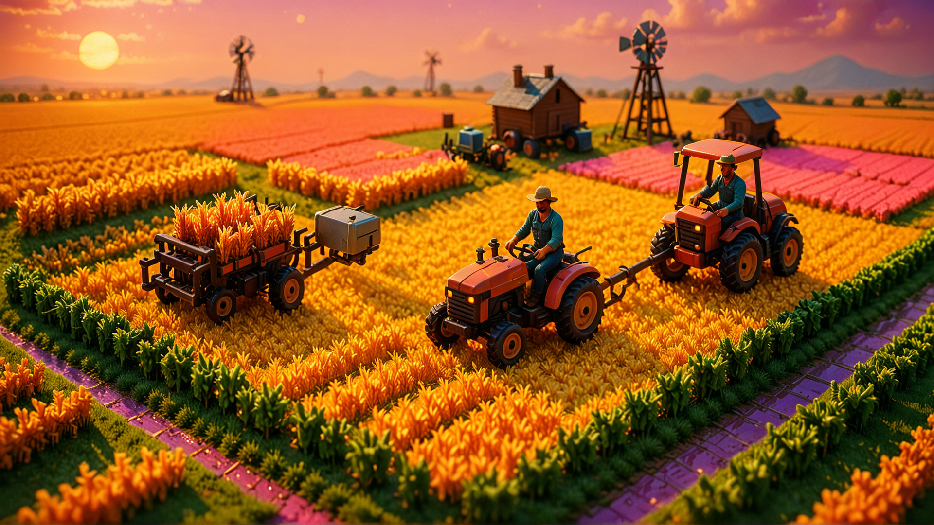 AI generated wallpaper featuring tractor, farmer, field, corn, windmill, harvest, tractor trailer, farmhouse, sun, mountain
