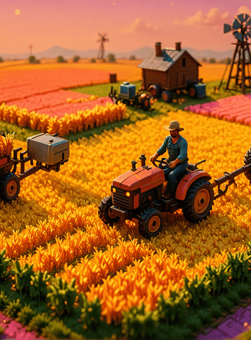 tractor, farmer, field, corn, windmill, harvest, tractor trailer, farmhouse, sun, mountain
