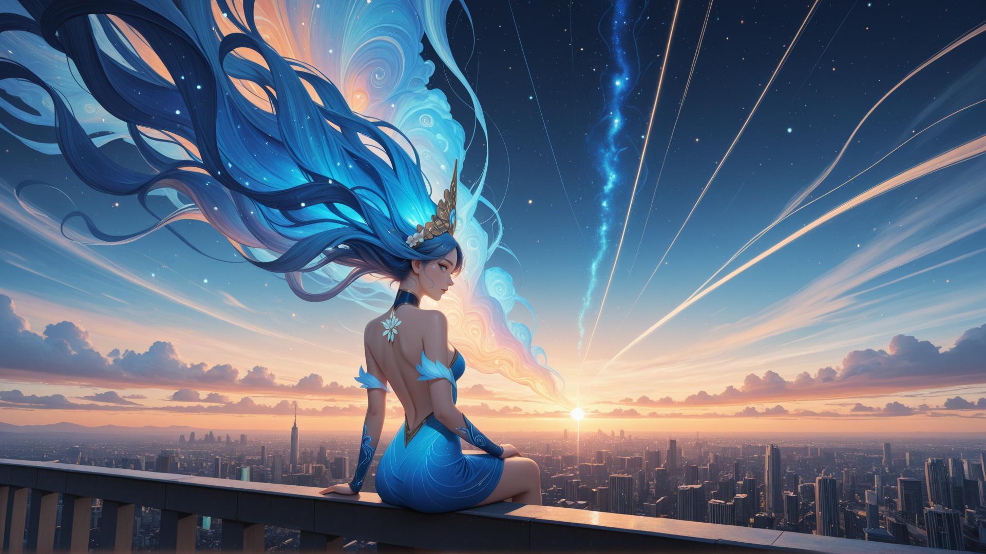 AI generated wallpaper featuring woman, hair, city, sun, sky, dress