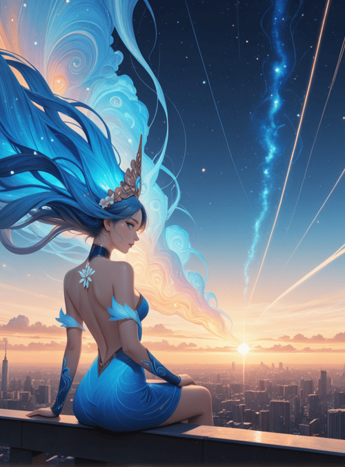woman, hair, city, sun, sky, dress