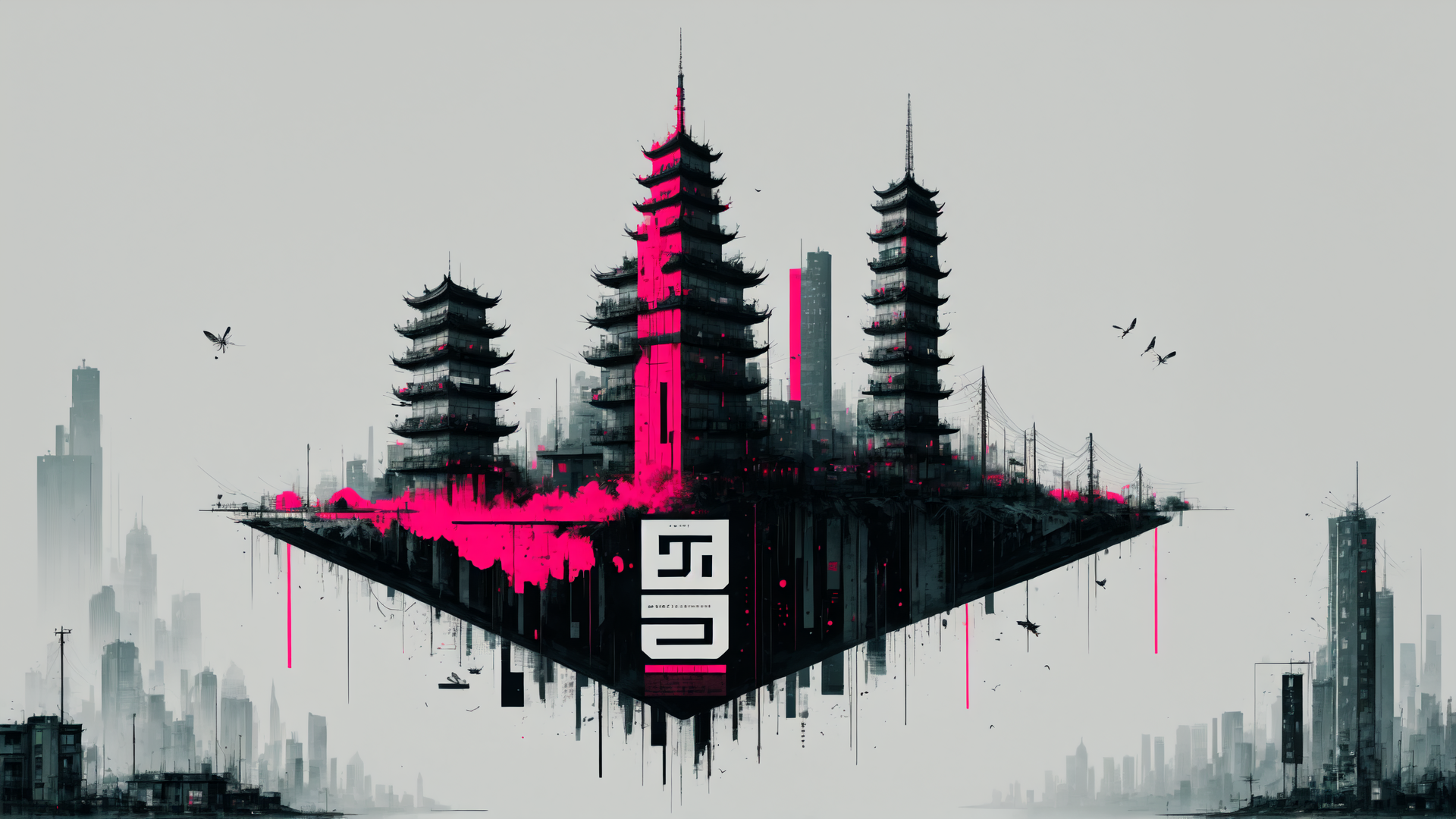 AI generated wallpaper featuring pagoda, cityscape, floating island, skyscraper, bird