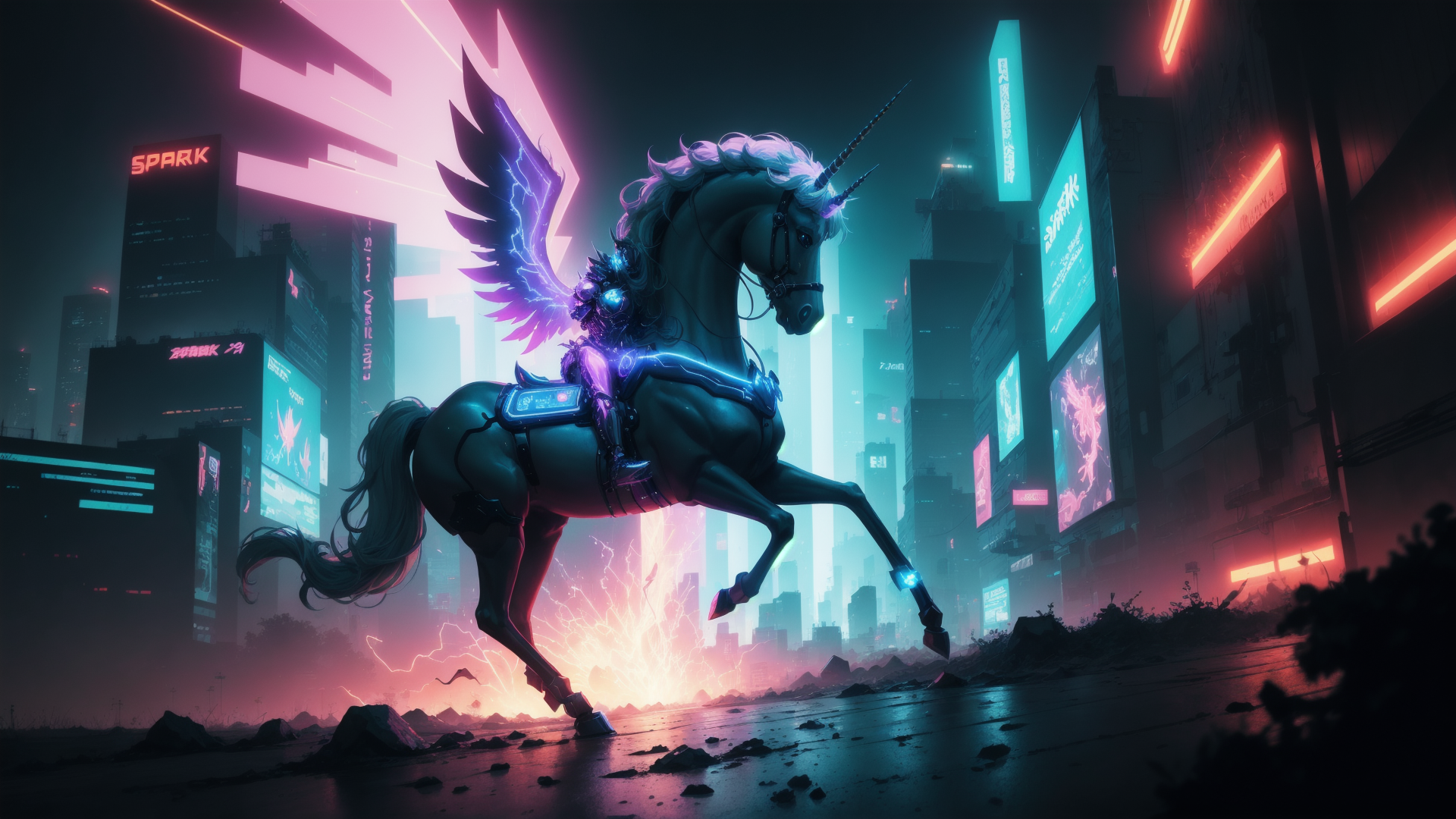 AI generated wallpaper featuring unicorn, cyberpunk, horse