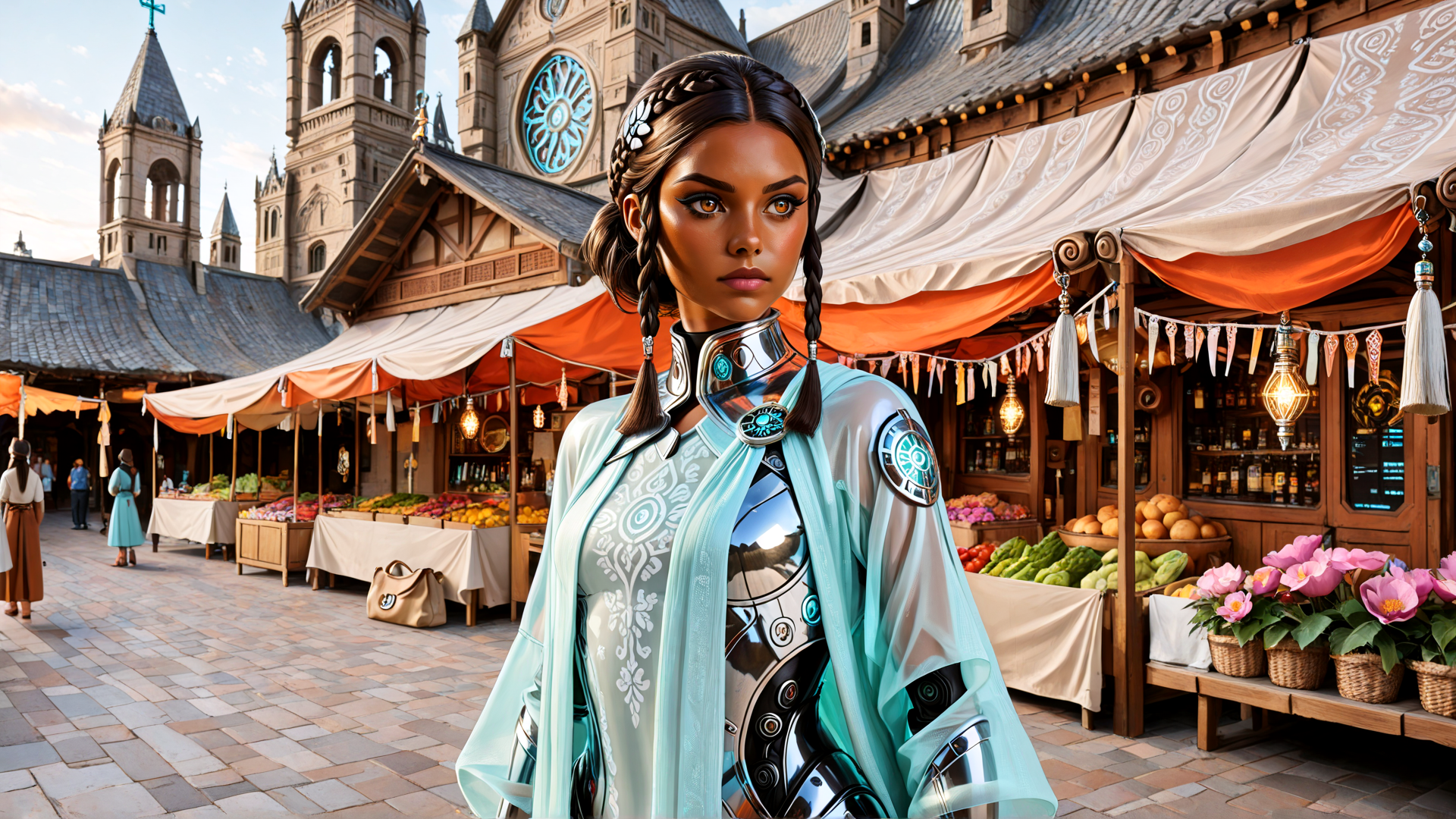 AI generated wallpaper featuring woman, market, church, marketplace, braid, robotic, armor, vendor, fruit, flowers