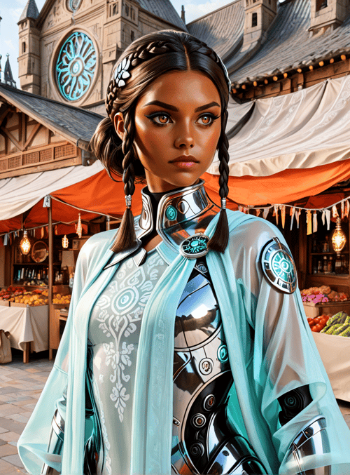 woman, market, church, marketplace, braid, robotic, armor, vendor, fruit, flowers