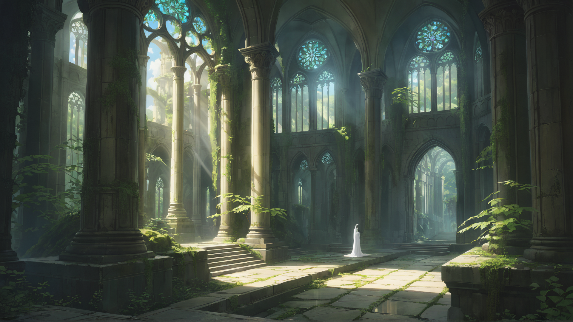 AI generated wallpaper featuring church, column, woman, plant, staircase, window, stone, sunlight, vines, garden