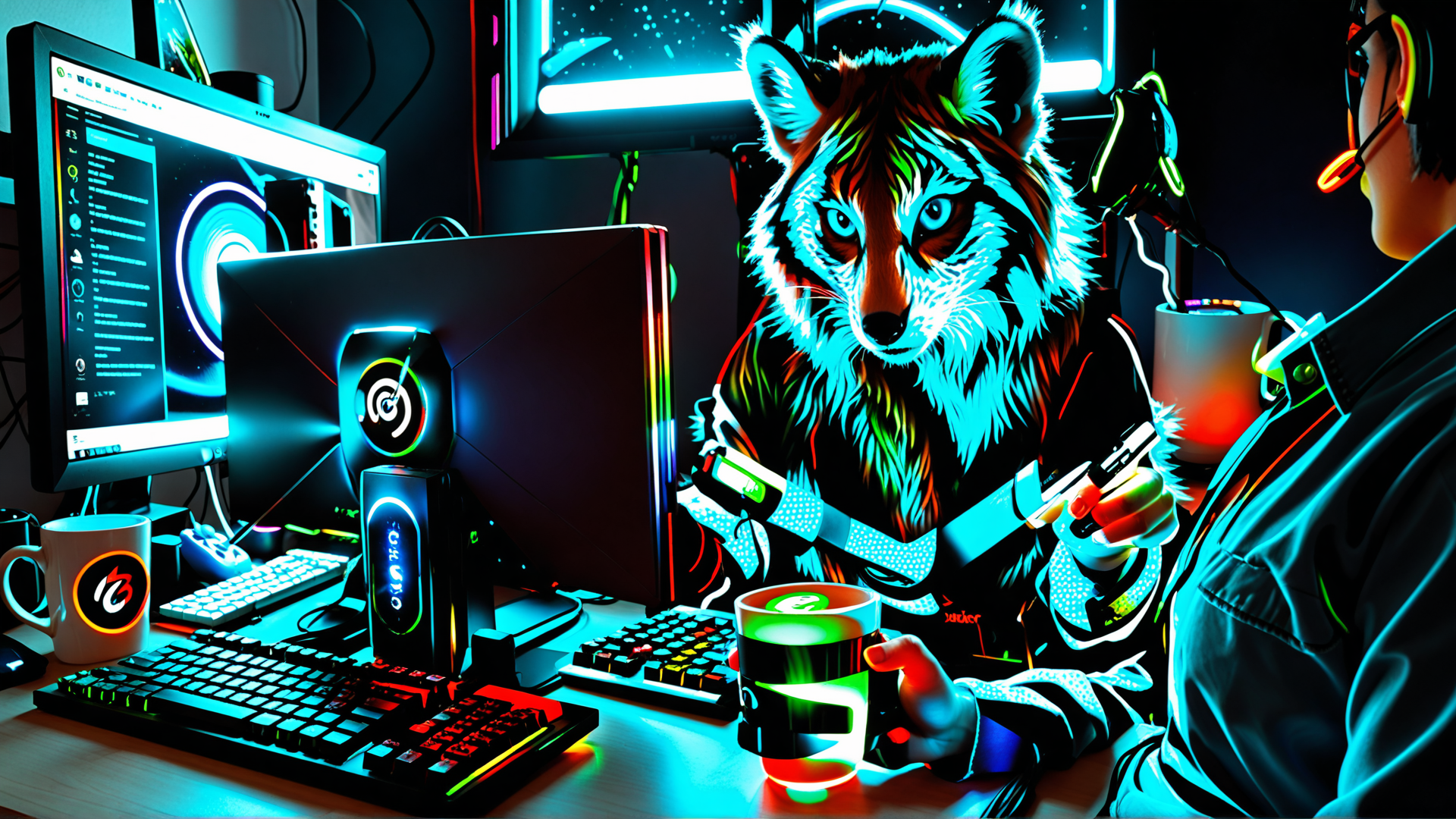 AI generated wallpaper featuring fox, gamer, computer, keyboard, monitor, cup