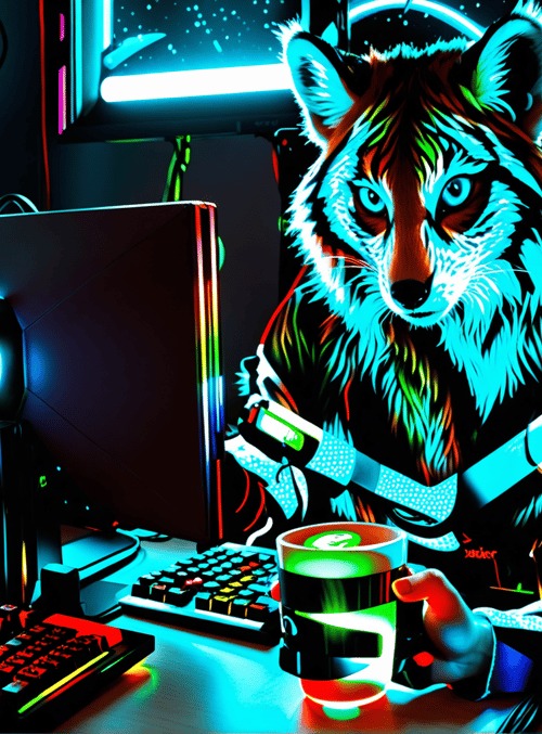 fox, gamer, computer, keyboard, monitor, cup