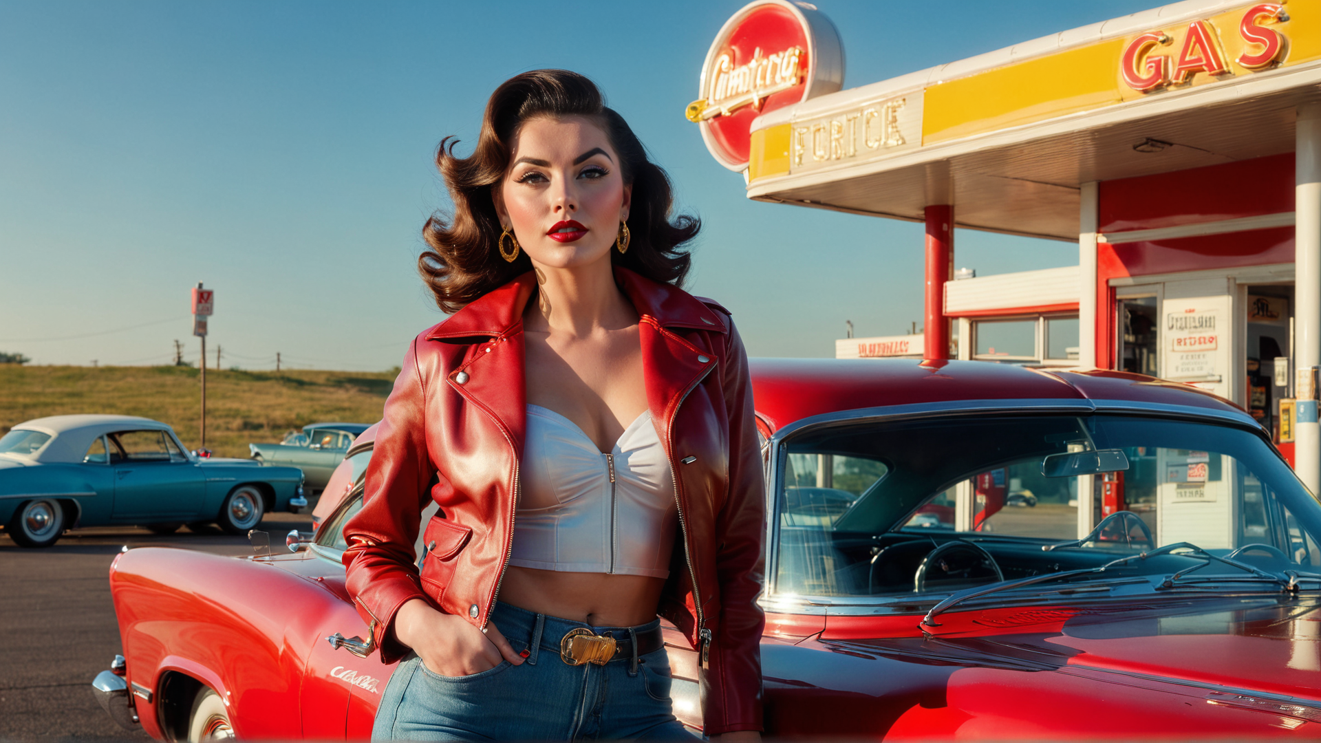 AI generated wallpaper featuring woman, car, gas station