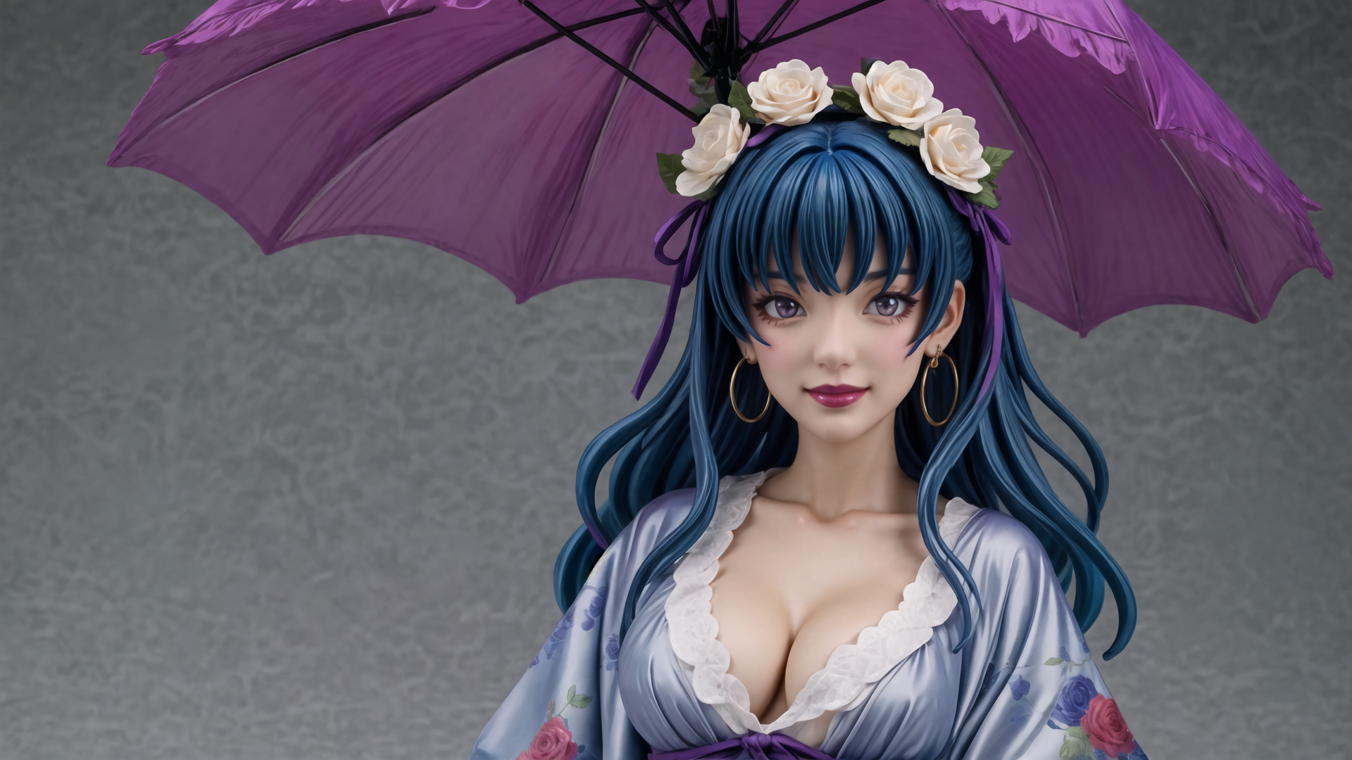 AI generated wallpaper featuring woman, umbrella, flowers, dress, hair