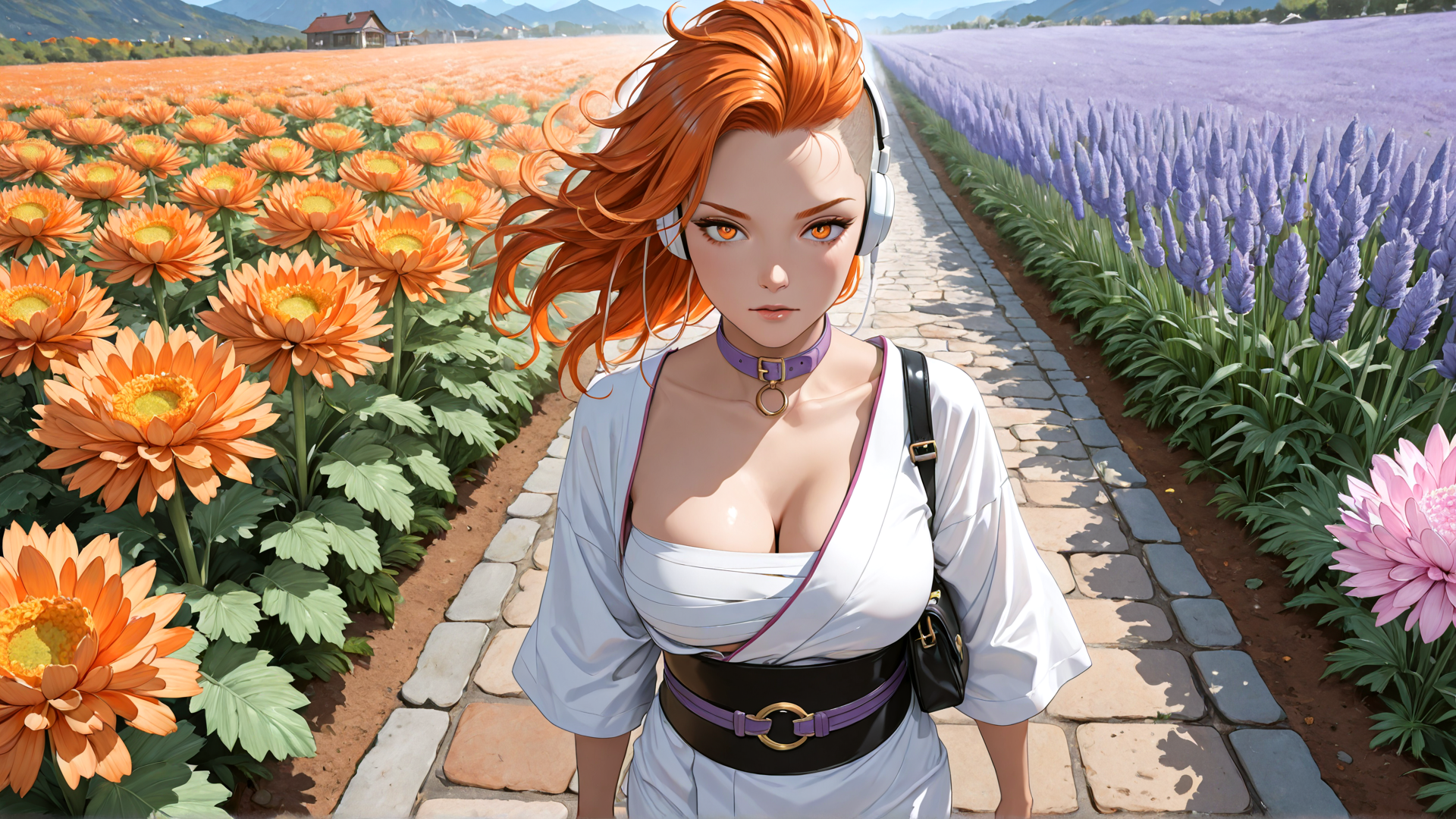 AI generated wallpaper featuring woman, flowers, field, path, headphones, choker, belt, purse, lawn, mountains