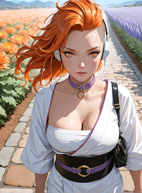 woman, flowers, field, path, headphones, choker, belt, purse, lawn, mountains