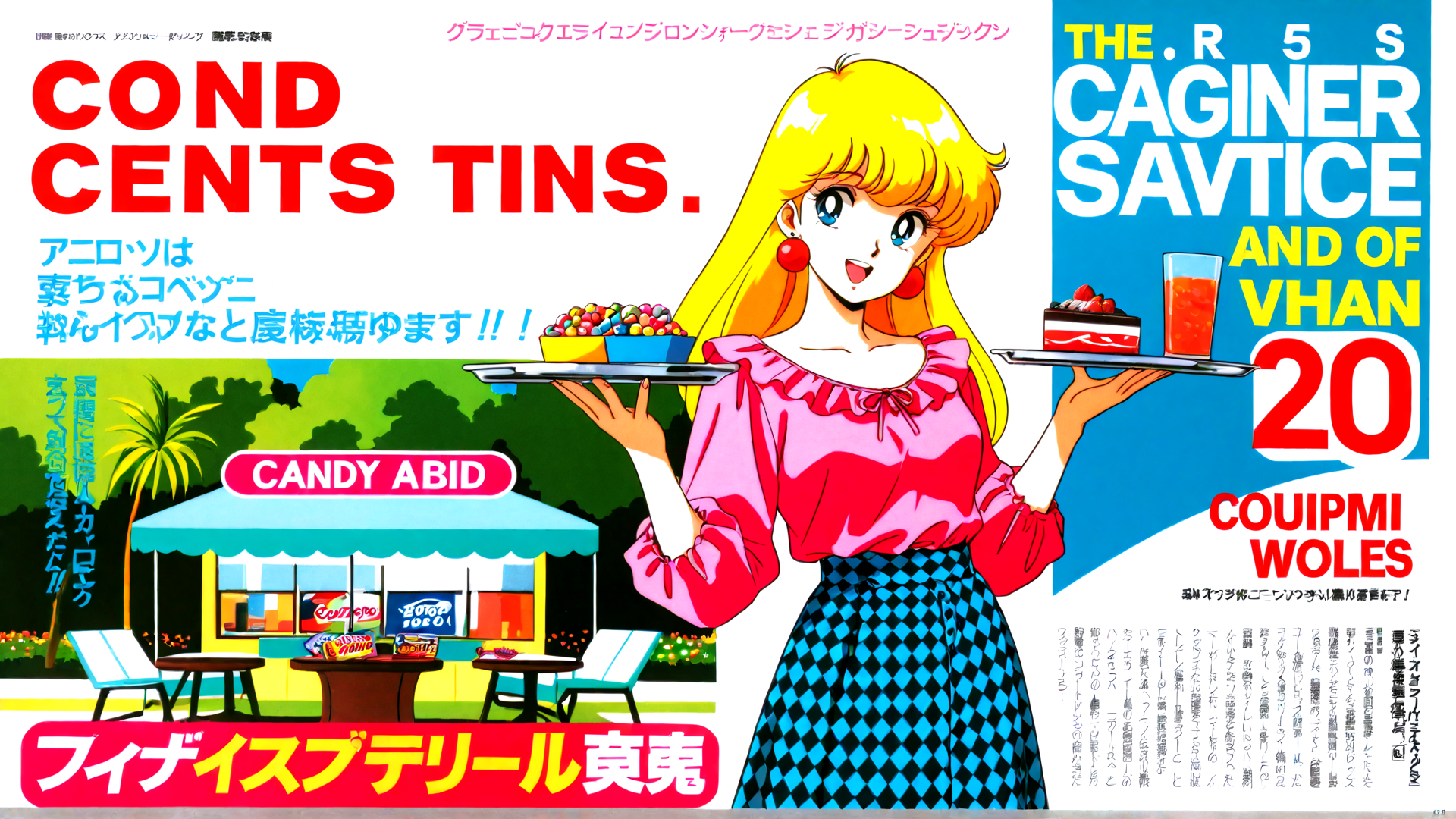 AI generated wallpaper featuring anime character, candy, cake, drink, tent, palm tree, table, chair, banner, text