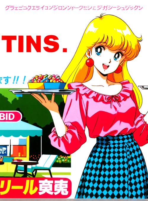 anime character, candy, cake, drink, tent, palm tree, table, chair, banner, text
