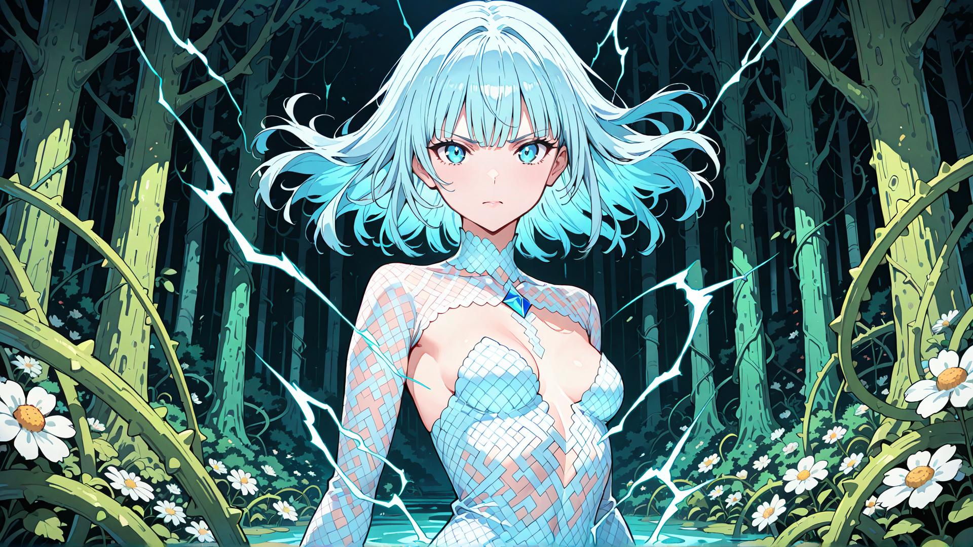 AI generated wallpaper featuring anime girl, forest, electricity, daisies, trees