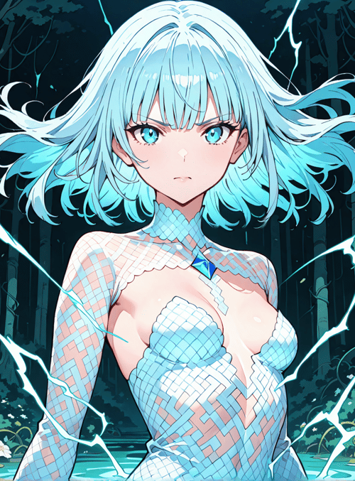 anime girl, forest, electricity, daisies, trees
