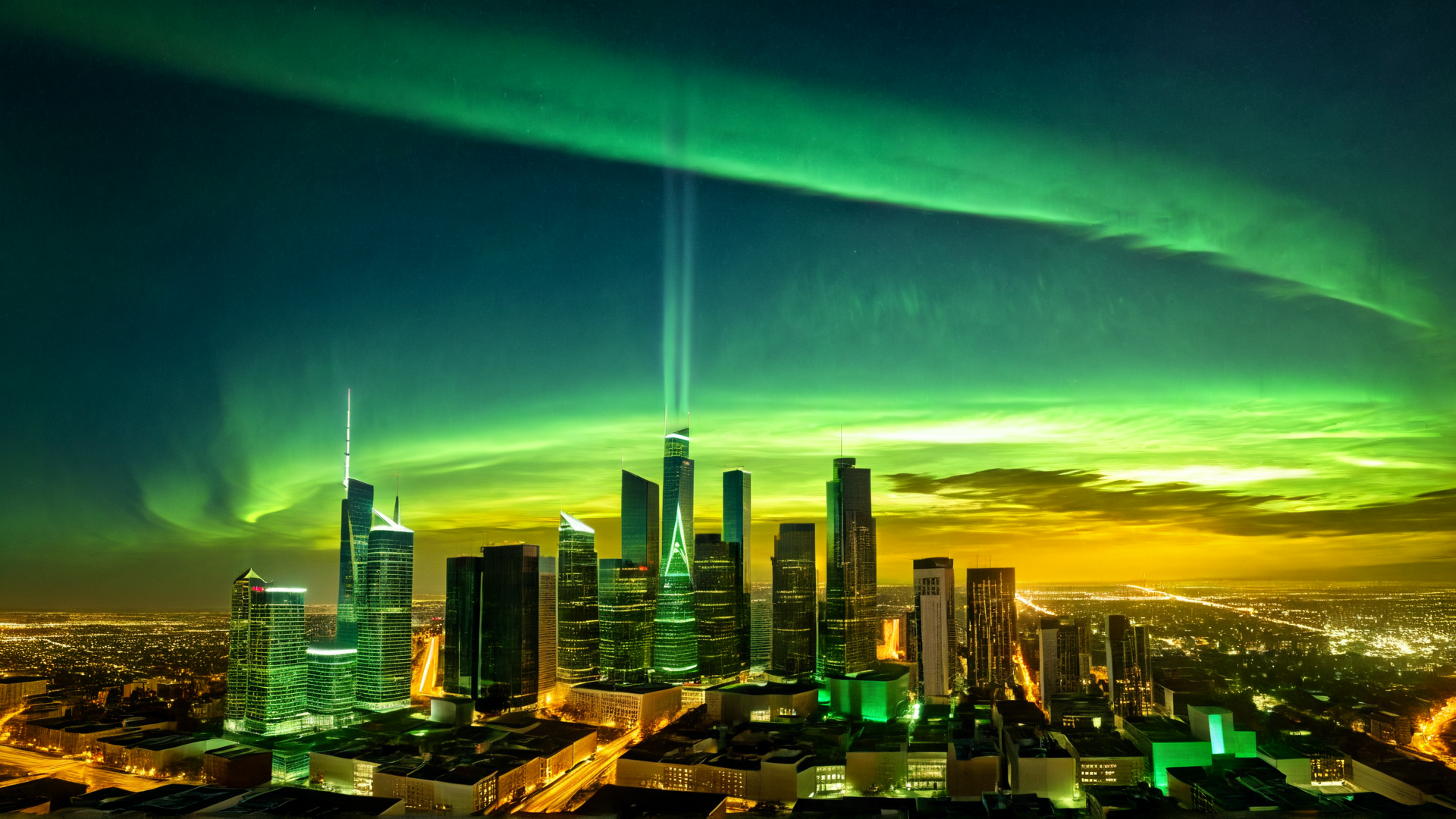 AI generated wallpaper featuring city, aurora, buildings