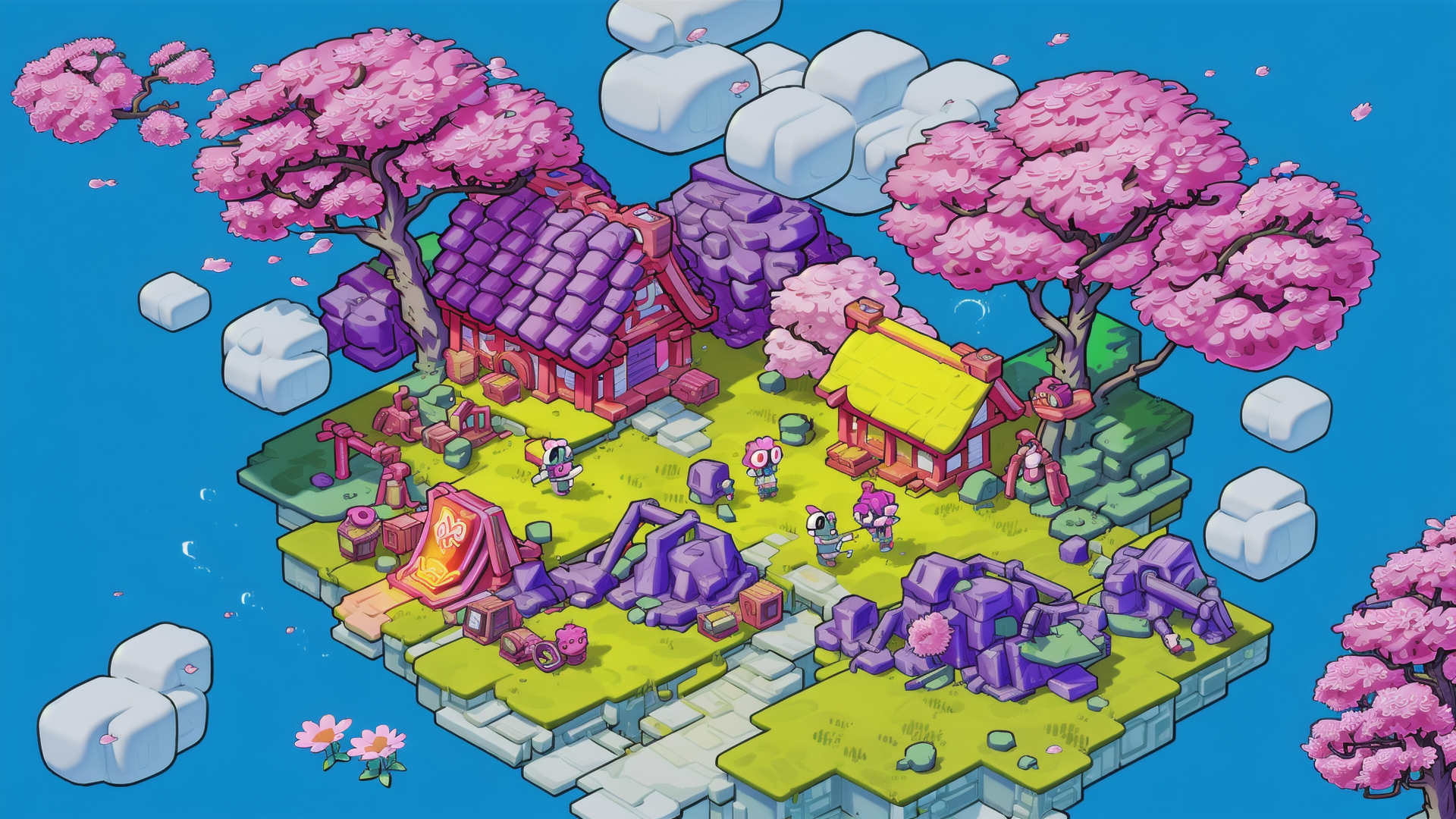AI generated wallpaper featuring village, trees, characters