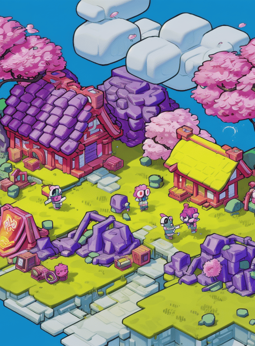village, trees, characters