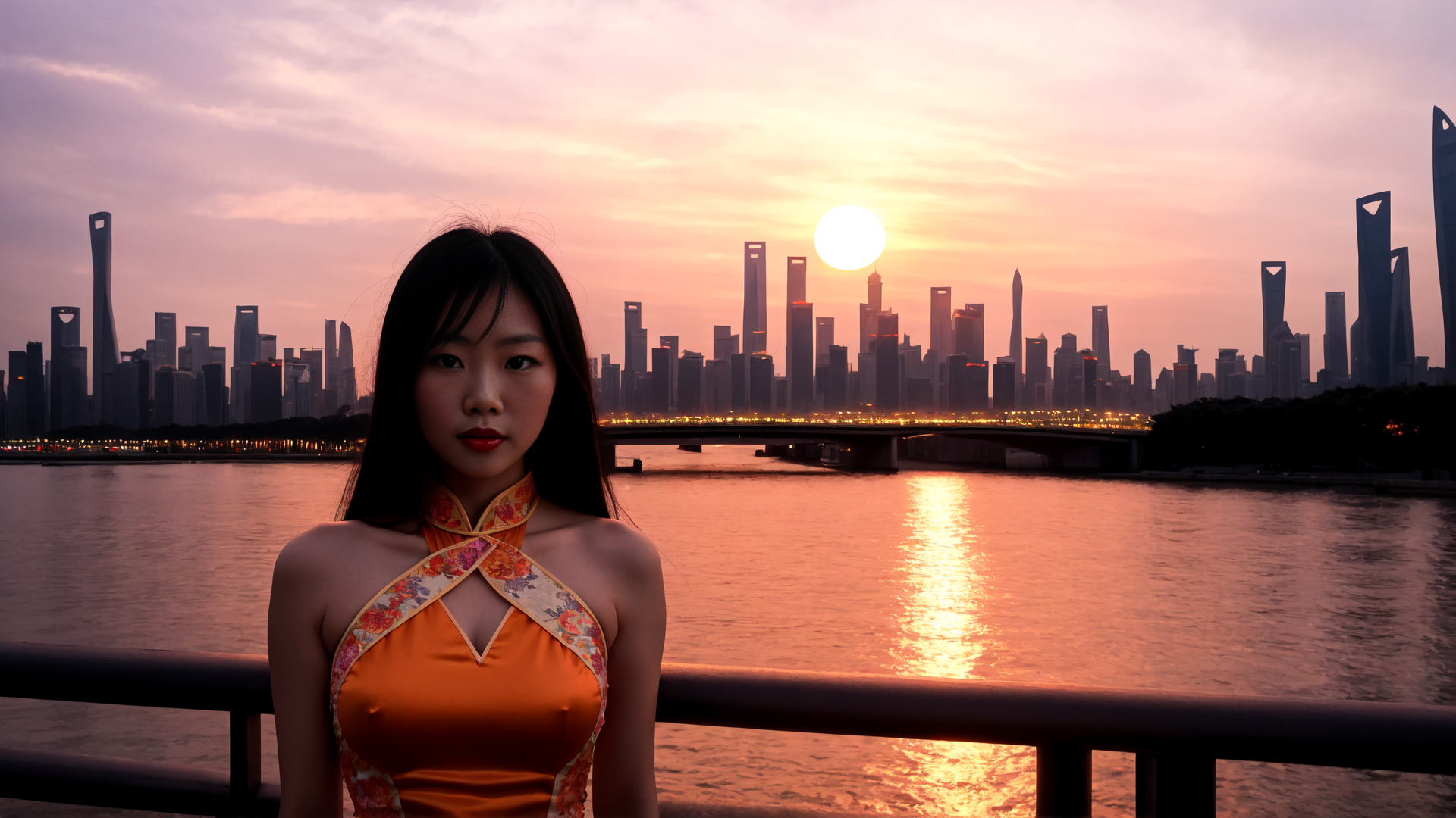 AI generated wallpaper featuring woman, cityscape, river