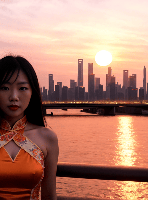 woman, cityscape, river
