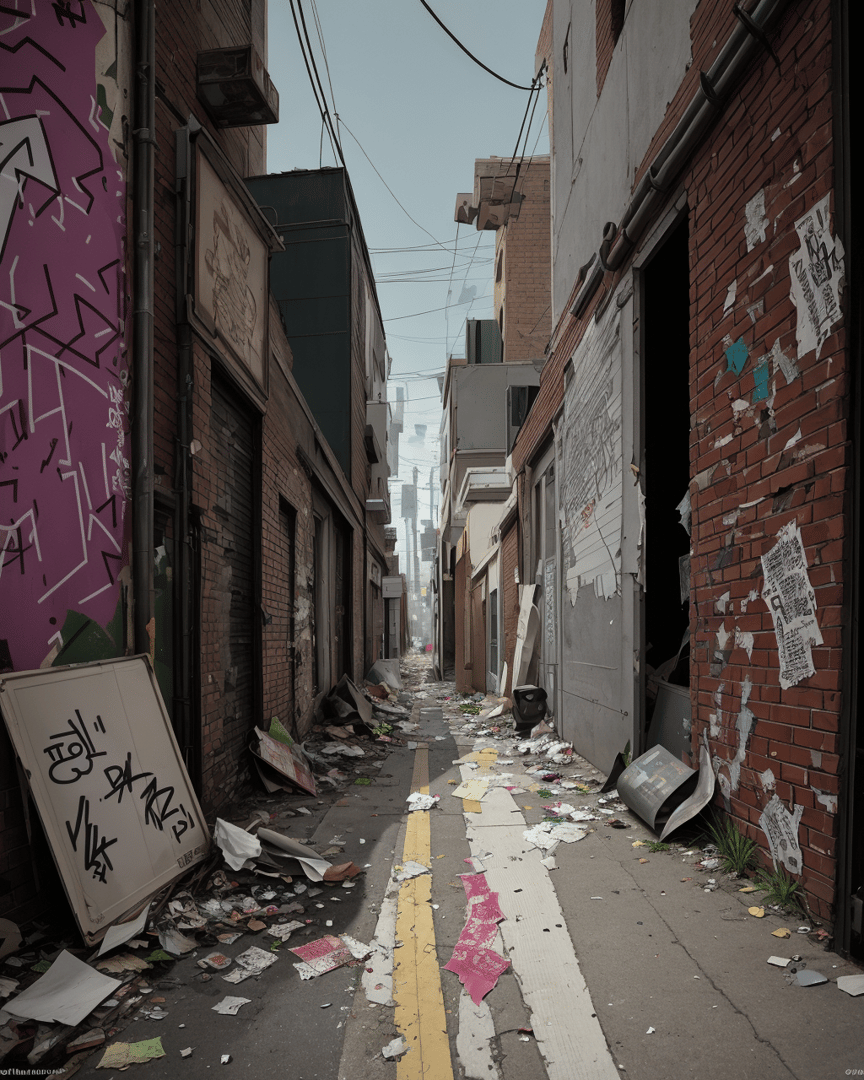 AI generated wallpaper featuring alley, graffiti, debris