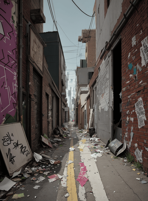 alley, graffiti, debris