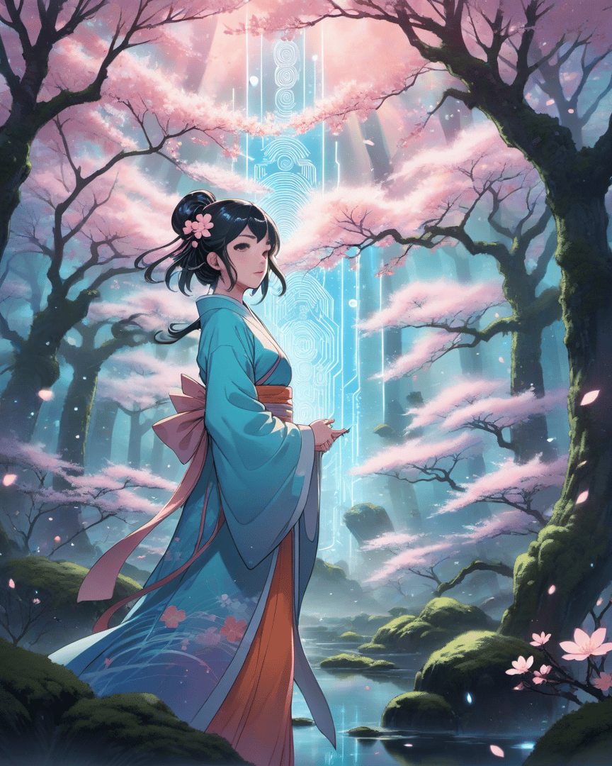 AI generated wallpaper featuring woman, cherry blossom, forest