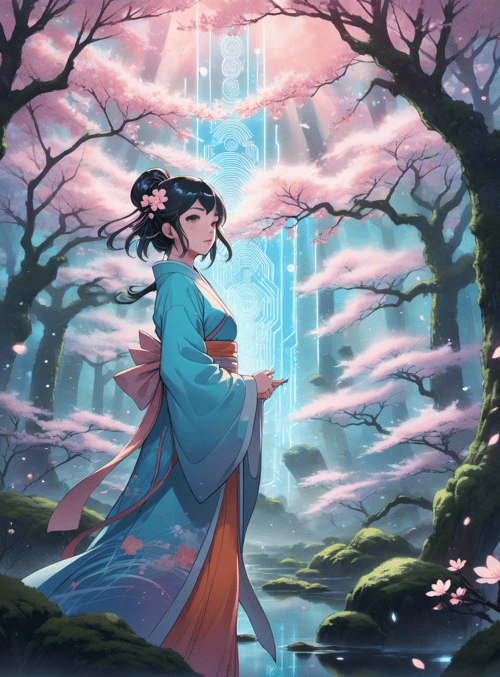 woman, cherry blossom, forest
