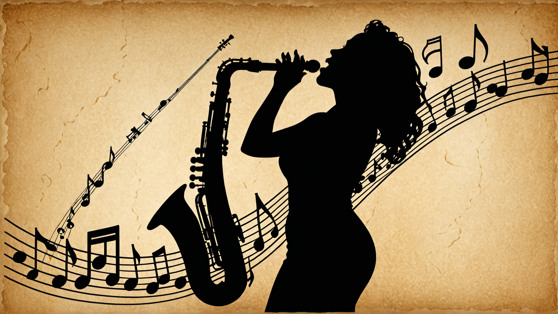 AI generated wallpaper featuring silhouette, saxophone, music, woman, notes