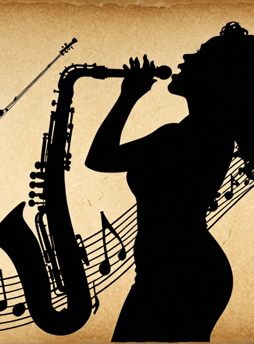 silhouette, saxophone, music, woman, notes