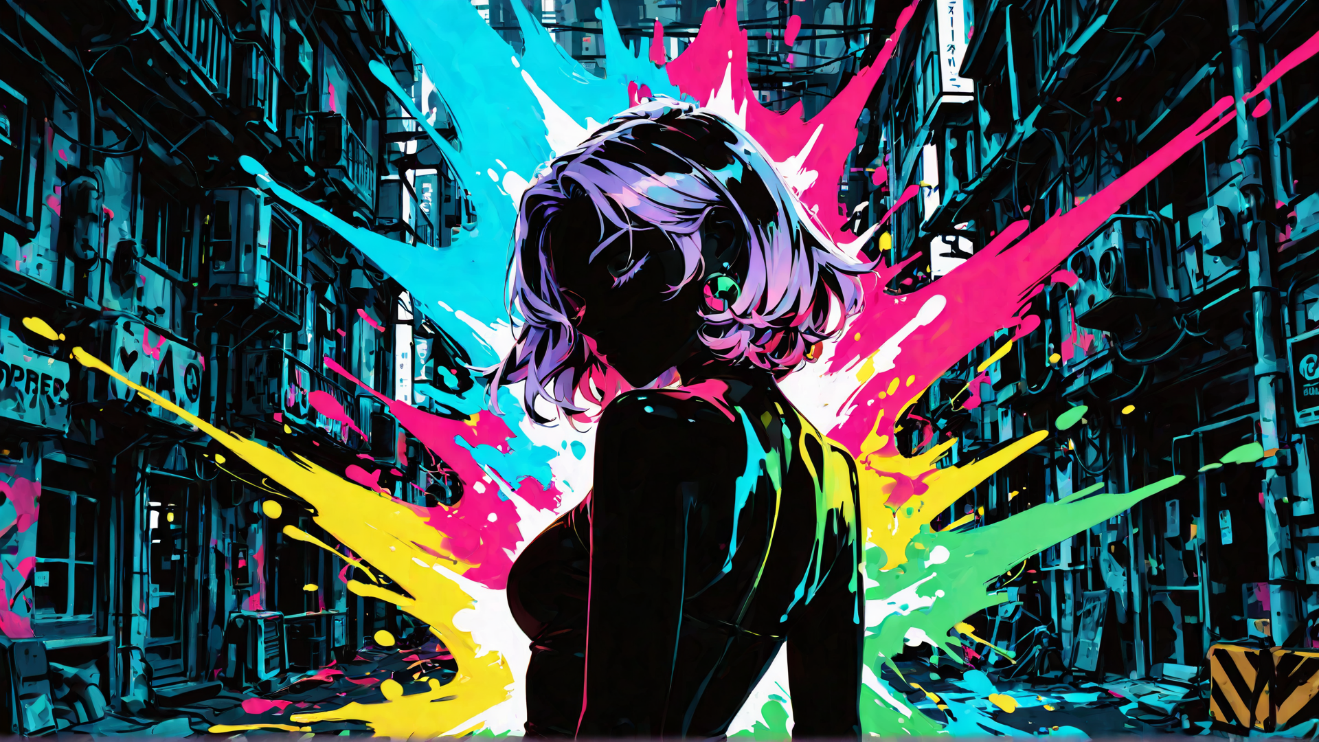 AI generated wallpaper featuring woman, city, building, street, paint, silhouette, character, anime, neon, urban