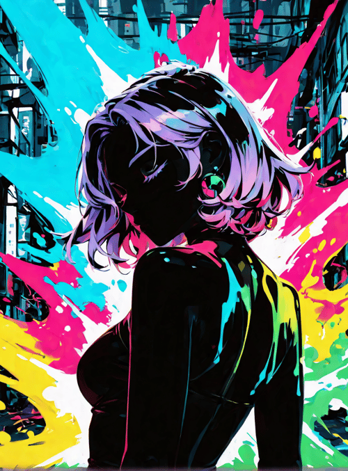 woman, city, building, street, paint, silhouette, character, anime, neon, urban