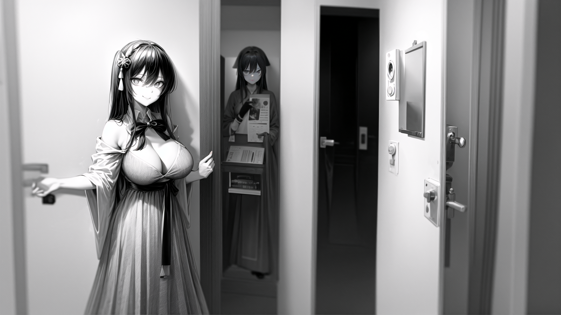 AI generated wallpaper featuring anime girl, woman, door