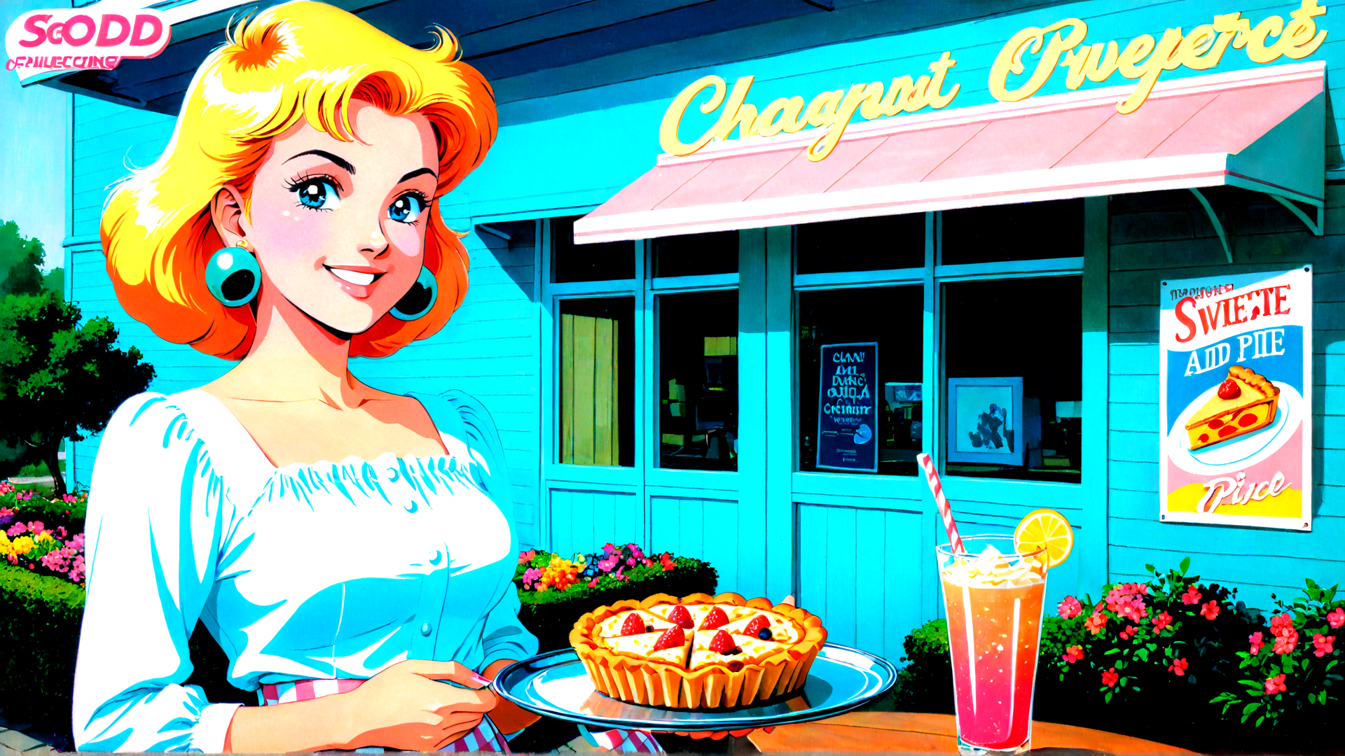 AI generated wallpaper featuring woman, pie, drink, shop, flowers, sign