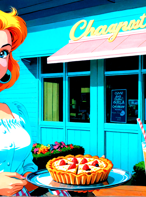 woman, pie, drink, shop, flowers, sign