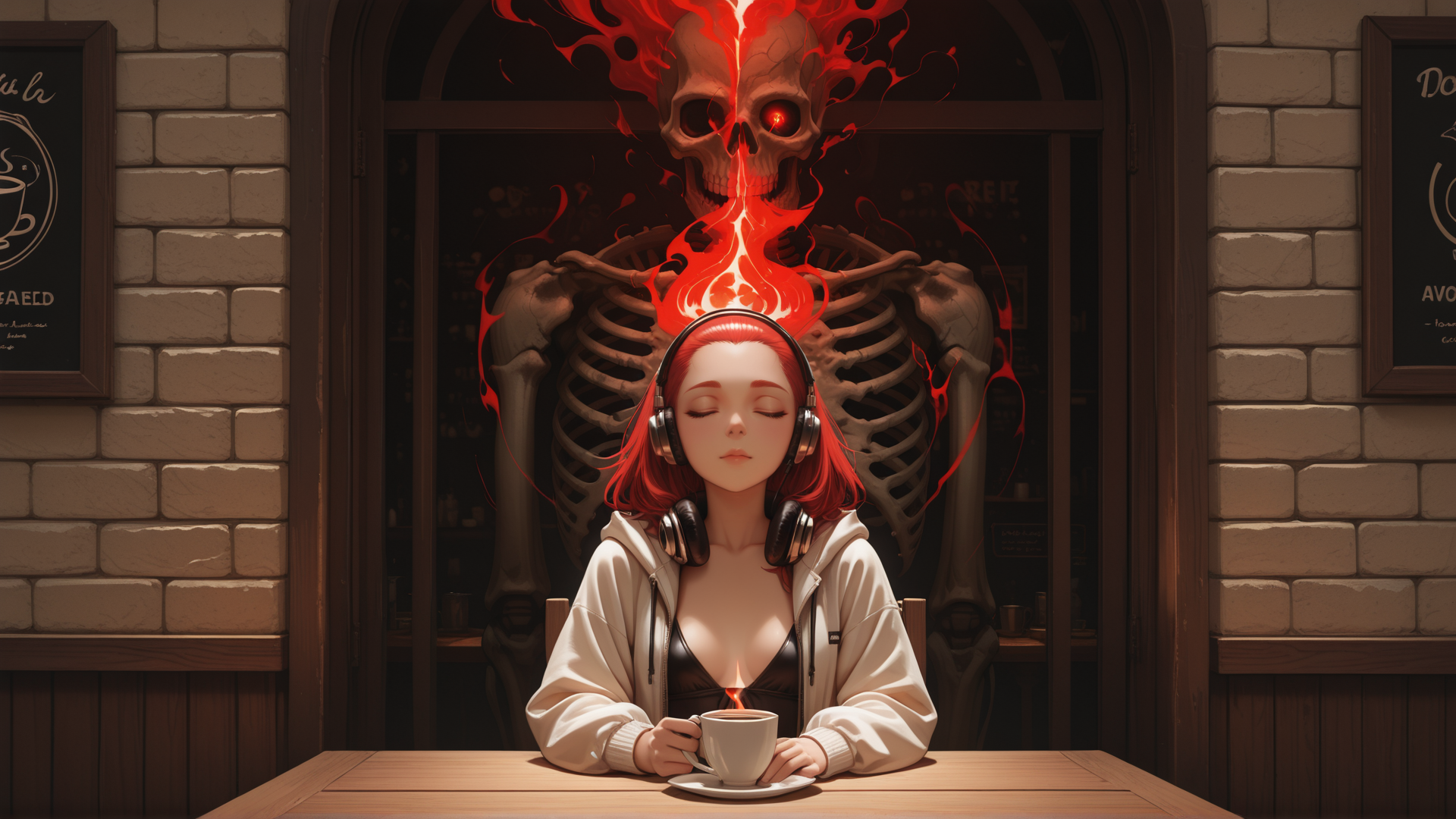 AI generated wallpaper featuring woman, skeleton, coffee, headphones, cafe