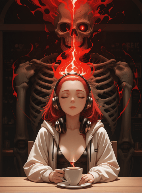 woman, skeleton, coffee, headphones, cafe