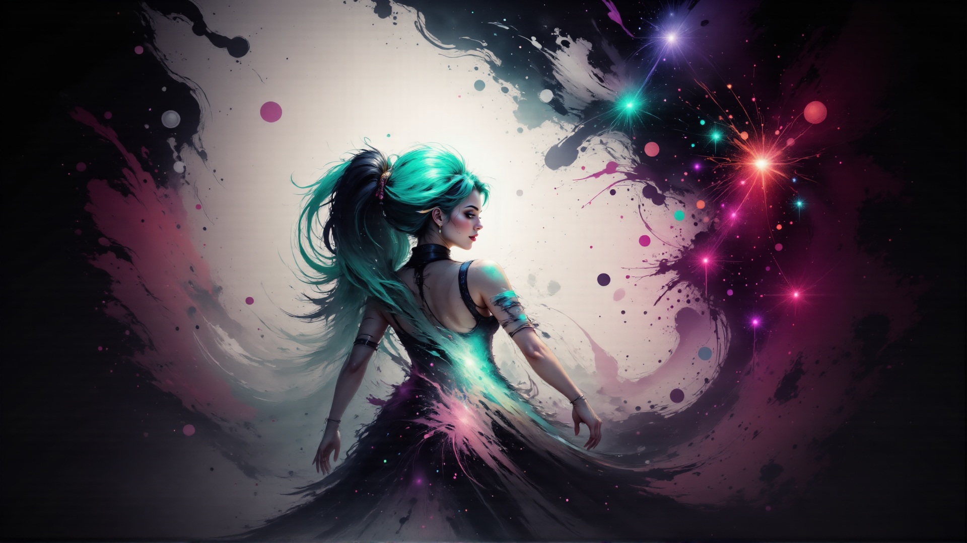 AI generated wallpaper featuring woman, galaxy, painting