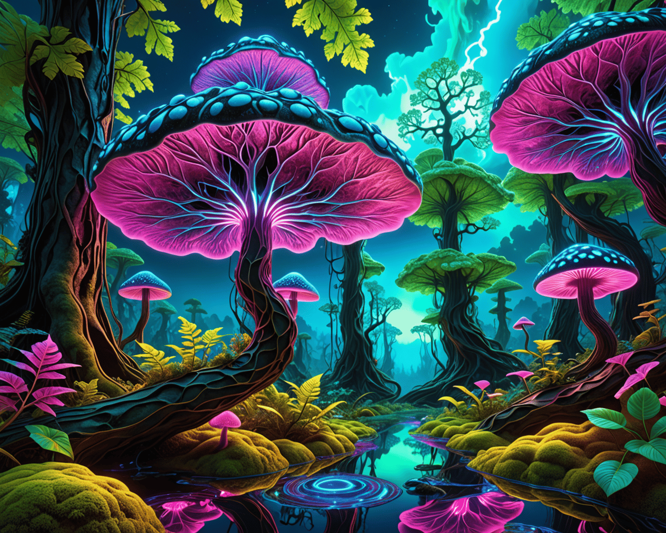 AI generated wallpaper featuring mushrooms, forest, water