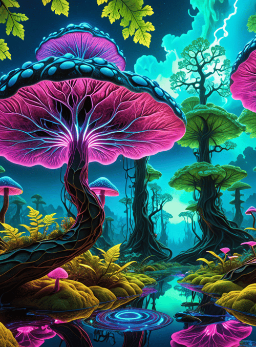 mushrooms, forest, water