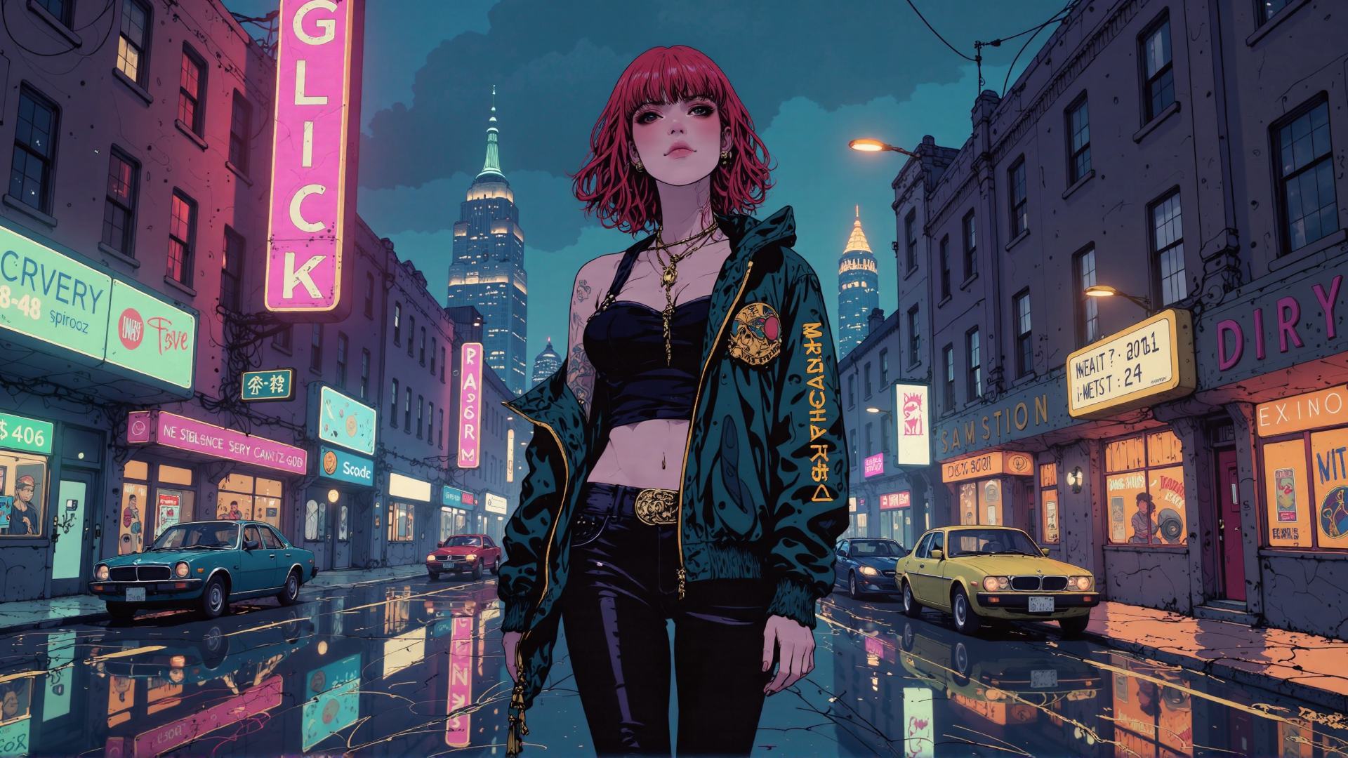 AI generated wallpaper featuring woman, street, city, neon, car, buildings, signs, tattoo, jacket, hair