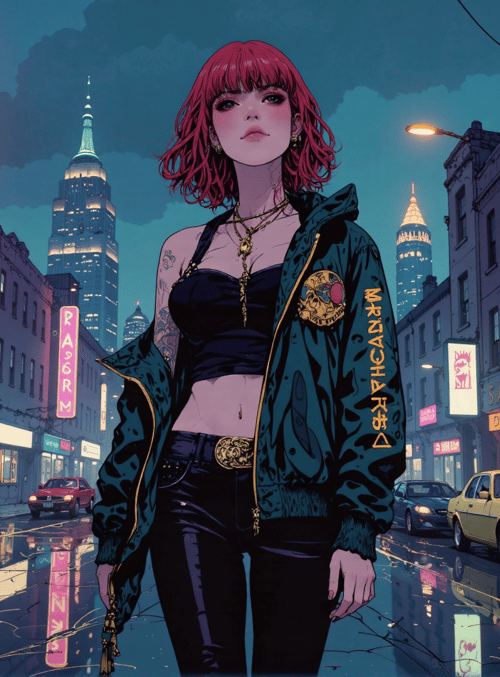woman, street, city, neon, car, buildings, signs, tattoo, jacket, hair