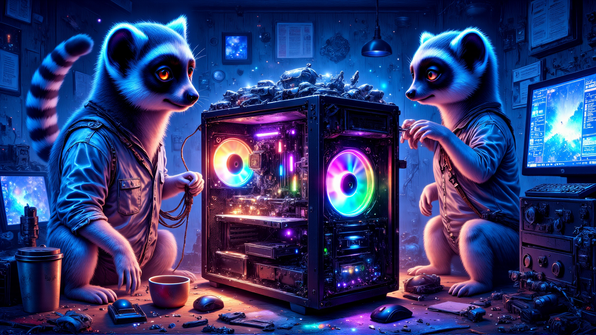 AI generated wallpaper featuring lemur, computer, workspace, gaming, monitor, mouse, cup, tools, screens, circuit