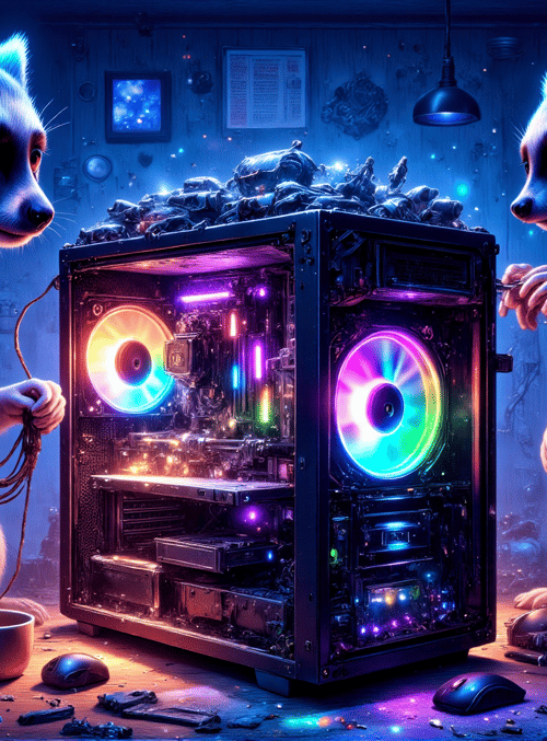 lemur, computer, workspace, gaming, monitor, mouse, cup, tools, screens, circuit